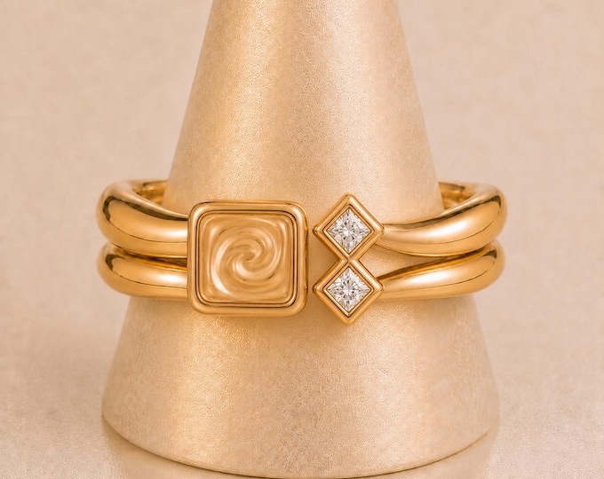 Organic Poured Gold Swirl Ring Set | Sculptural Gold Bridal Stack