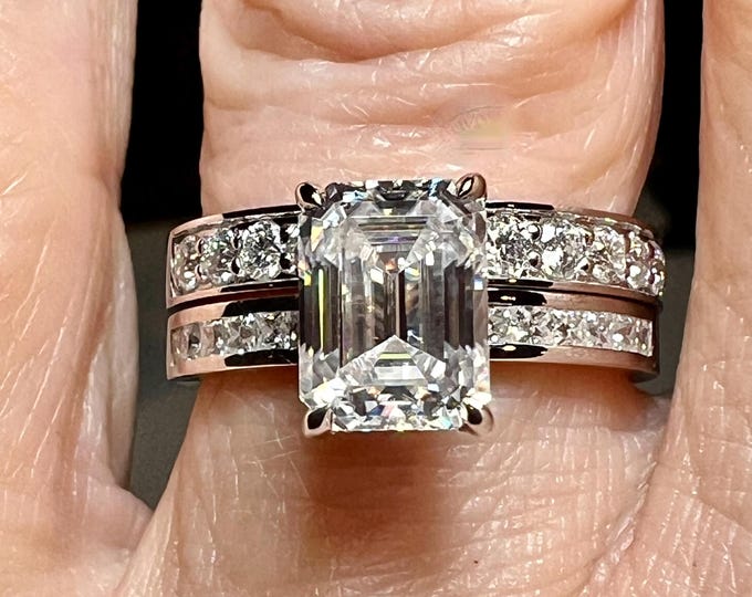 2CT Emerald Cut Lab Grown Diamond Bridal Set: Hidden Halo, Channel Set