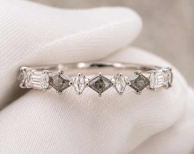 Gray Diamond Half Eternity Band, Mixed Cut Shield Marquise Ring, Modern Couture Wedding Band