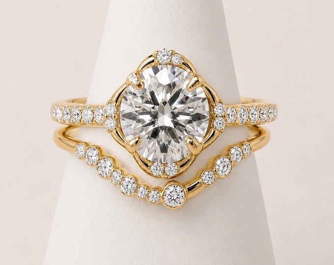3 Carat Round Lab Diamond Engagement Ring Set, Asymmetrical Halo Bridal Band 10K 14K
