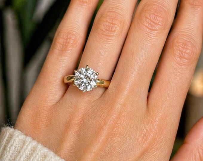 2CT Round Lab Grown Diamond Engagement Ring, 14K Gold Solitaire, 6 Prong, 3mm Band