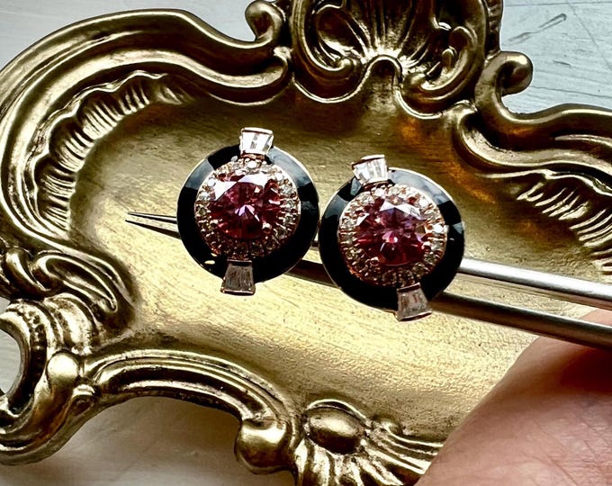 10K Gold 2TCW Fancy Pink Lab Grown Diamond Black Agate Art Deco Earrings