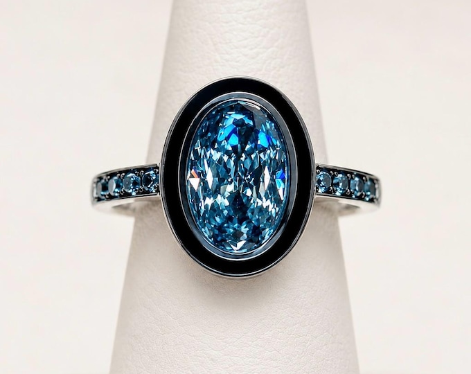 3 Carat Fancy Vivid Blue Lab Grown Diamond Ring, Oval Certified VS1 Blue Diamond, Black Onyx Halo, 10K or 14K Blue Gold