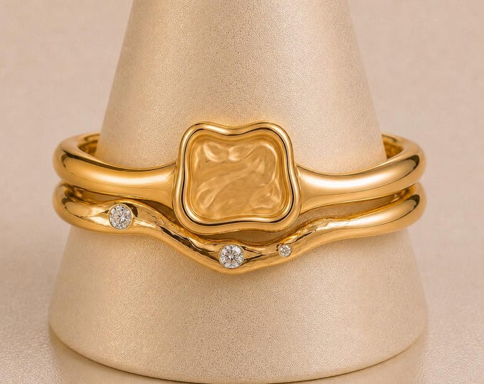 Wabi Sabi Gold Bridal Ring Set, Natural Diamond Wedding Stack, Poured Gold Engagement Band
