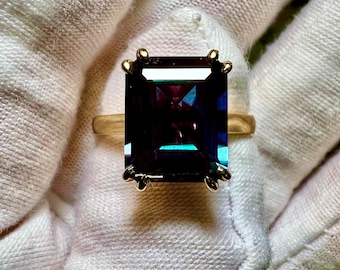 5CT Emerald Cut Alexandrite Ring | 10K 14K Gold Hidden Halo Statement Ring