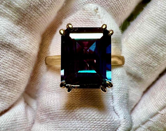 5CT Emerald Cut Alexandrite Ring | 10K 14K Gold Hidden Halo Statement Ring