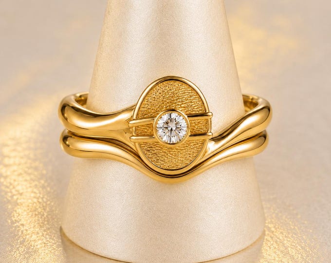 Wabi Sabi Poured Gold Bridal Set, Organic Diamond Wedding Ring, Sculptural Engagement Ring