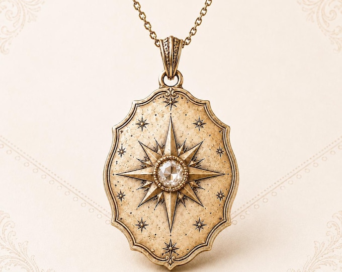 North Star Diamond Pendant Necklace, Personalized Compass Necklace, Engraved Heirloom Jewelry, 10K 14K Gold Keepsake Gift