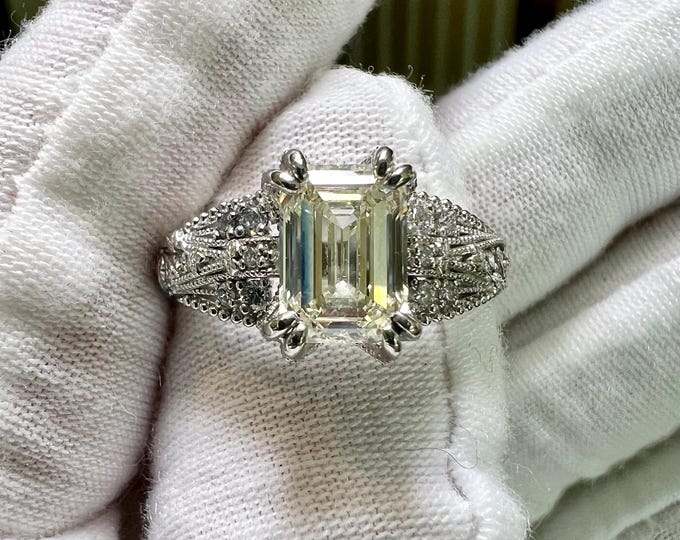 Emerald Cut Lab Grown Diamond Ring, Art Deco Ivy Statement Ring, 14K Gold Platinum