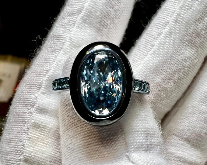 10K Blue Gold 3CT Oval Fancy Vivid Blue VS2 Lab Grown Diamond Black Enamel Halo Channel Set Art Deco Engagement Ring