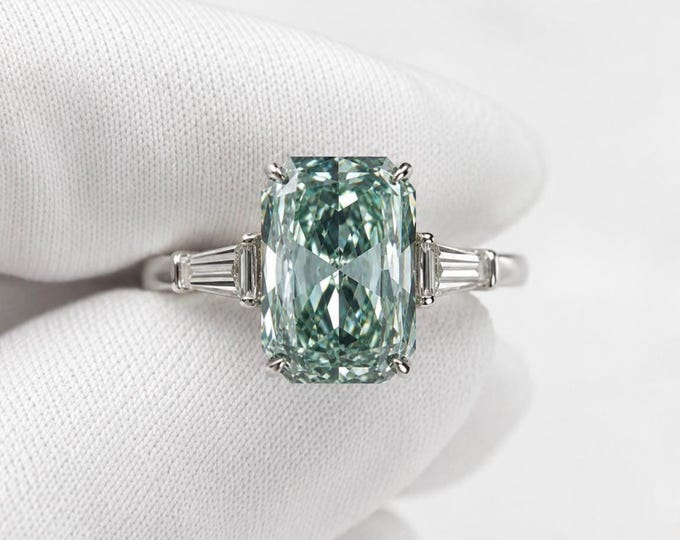 3CT Fancy Blue Green Radiant Cut Lab Diamond Ring, Gothic Romance Bridal Engagement Ring