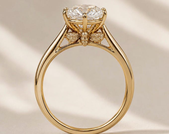 Hidden Bee Engagement Ring, Honeycomb Solitaire, Nature Inspired Gold Proposal Ring