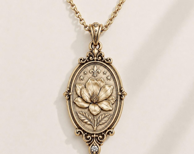 Southern Gothic Magnolia Pendant Necklace, Victorian Heirloom Locket, Solid Gold Engraved Jewelry