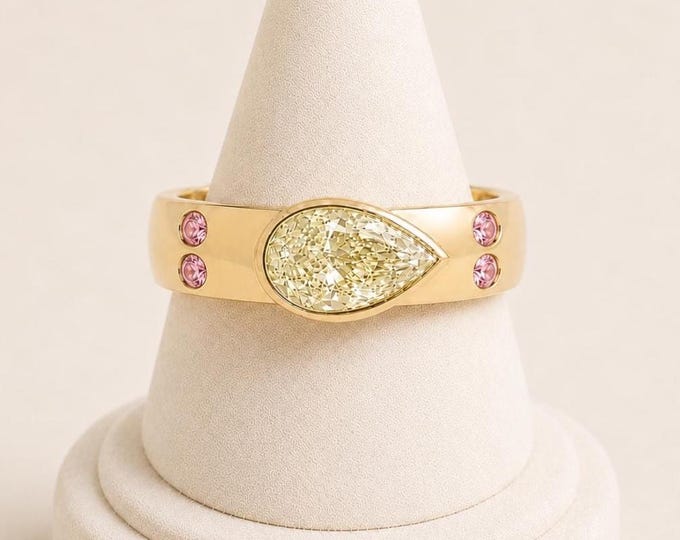 2CT Pear Fancy Yellow Lab Diamond Bezel Ring, 10K 14K Gold, Pink Accents