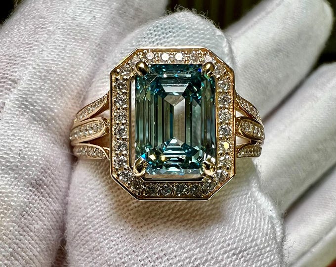 Certified 3CT Emerald Cut Blue Green Lab Grown Diamond Engagement Ring 14K Yellow Gold