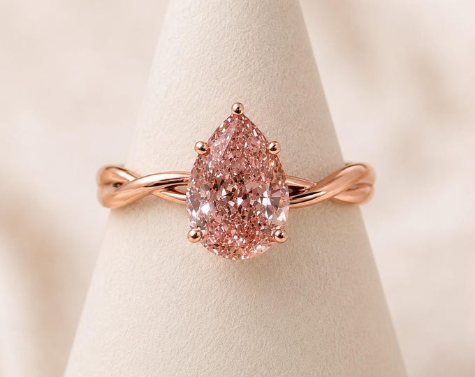 3CT Pear Fancy Intense Pink Lab Diamond | Twisted Gold Engagement Ring | Certified 14K