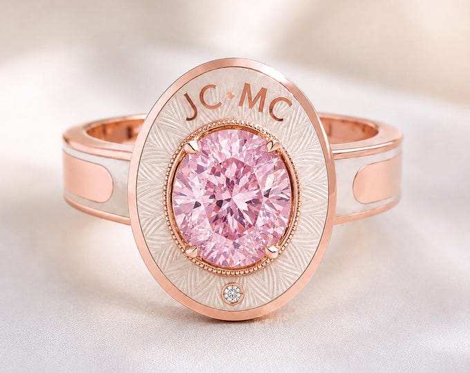 Personalized 3 Carat Oval Pink Lab Diamond Signet Ring, Rose Gold Initial Ring