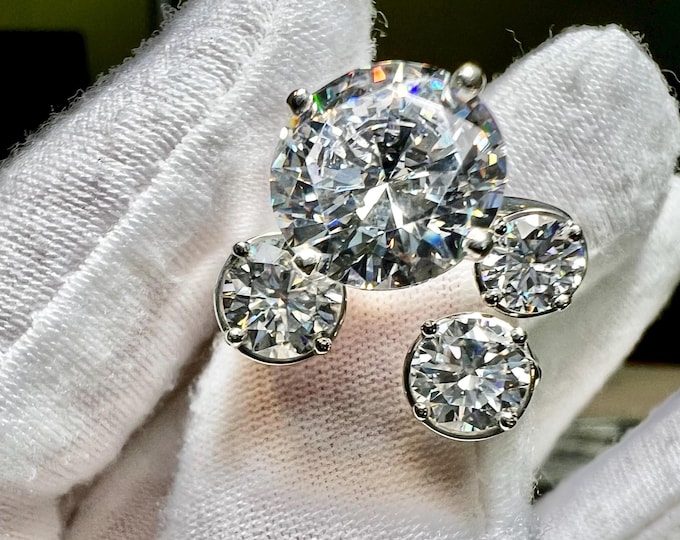 Certified 4.5CT Round Brilliant Cut Lab Grown Diamond & Three Diamond Open Band Bridal Set