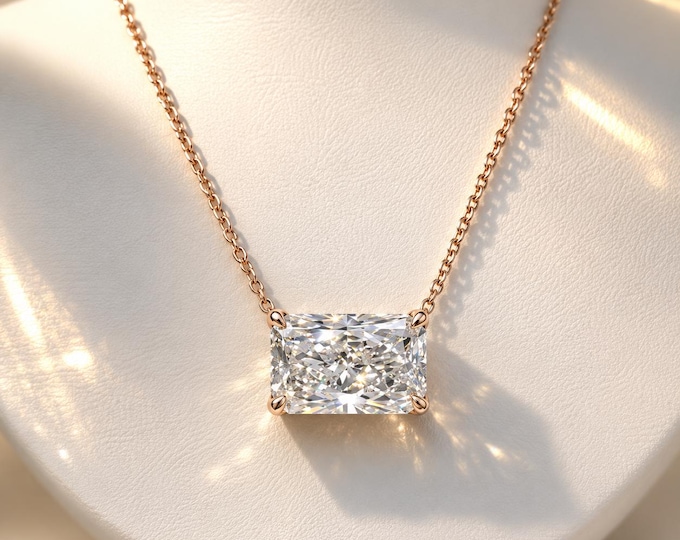 5CT East West Radiant Cut Diamond Pendant Necklace, F Color VVS2 Lab Diamond, Gold Solitaire Bridal Necklace