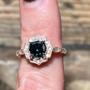 Rare 14K Pink Gold 1CT Round Brilliant Cut Fancy Deep Blue Lab Grown Diamond Engagement Ring Size 6.5