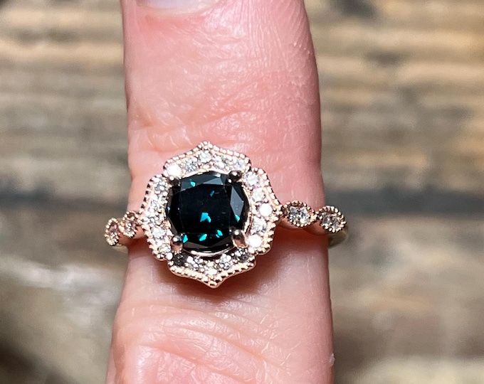 14K Pink Gold Lab Grown Deep Blue Diamond Engagement Ring, Size 6.5