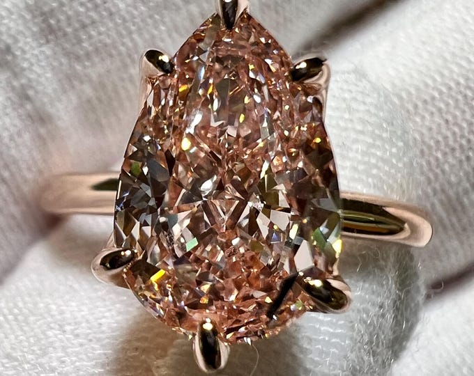 14K Rose Gold Tulip Engagement Ring: 3CT Pear Lab Grown Pink Diamond