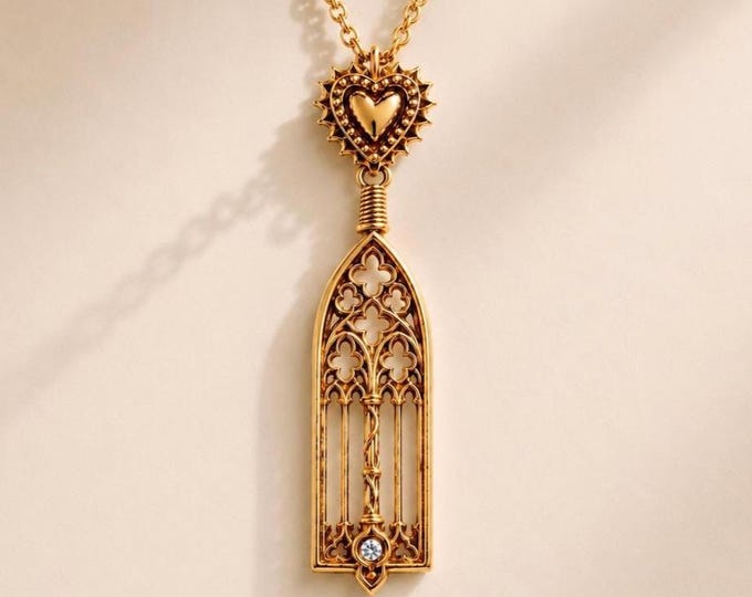 Gothic Cathedral Window Pendant, Antique Gold Necklace, Lab Diamond Accent, Dark Academia Jewelry