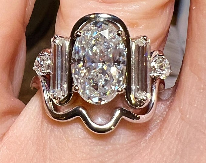 3CT Moval Cut Lab Grown Diamond Bridal Set: E VS1 2EX