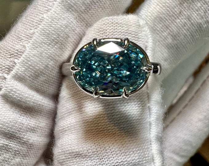 Certified 3CT Oval Fancy Green Blue VS1 2EX Lab Grown Diamond East West 6- Prong Engagement Ring