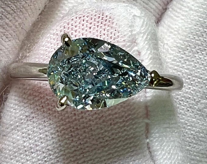 14K White Gold 2CT Pear Fancy Blue Lab Grown Diamond Engagement Ring