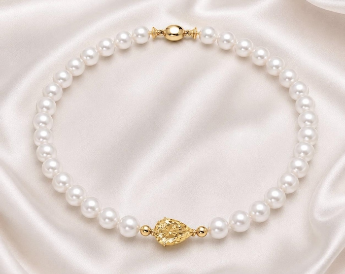 Australian White Pearl Necklace with 3.5CT Pear Fancy Yellow Lab Diamond, Fine Jewelry Strand