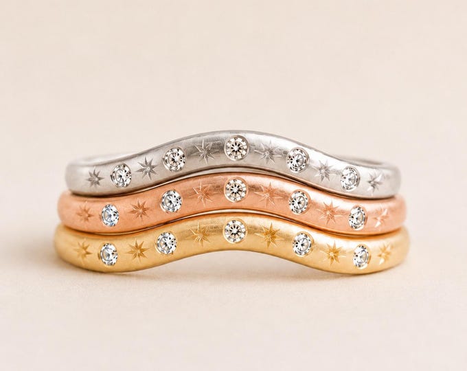 Curved Diamond Star Wedding Band, Flush Set Gold Bridal Ring, Stacking Nesting Band