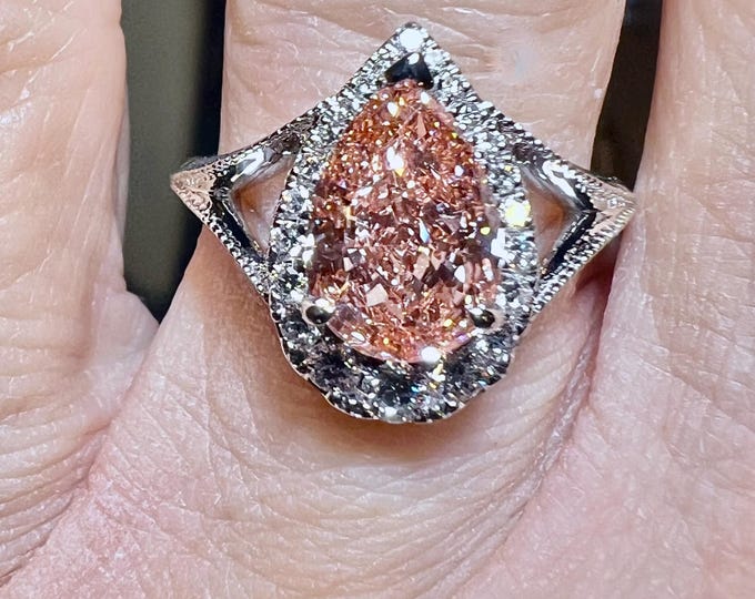 Art Deco 14K White Gold 2CT Pear Brownish Pink Lab Grown Diamond Ring