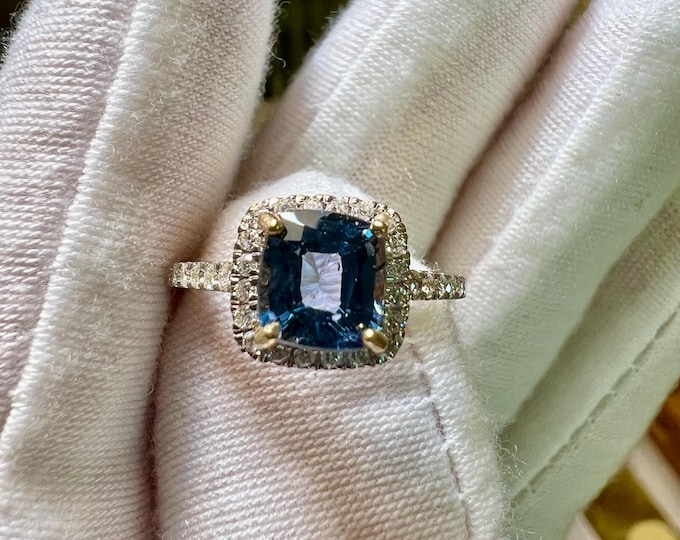GIA 1.59CT Blue Spinel Diamond Halo 14K Gold Engagement Ring - Size 6.5