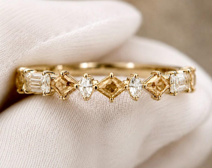Champagne Diamond Half Eternity Band, Mixed Cut Lozenge Marquise Baguette Ring