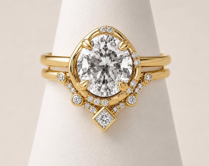 4 Carat Round Lab Diamond Bridal Set, Vintage Petal Prong Engagement Ring