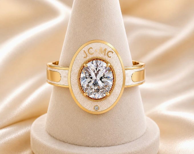 Personalized 3 Carat Oval Lab Diamond Signet Ring, Certified F VS1 Diamond Initial Ring, Custom Oval Diamond Signet Ring in 10K or 14K Gold