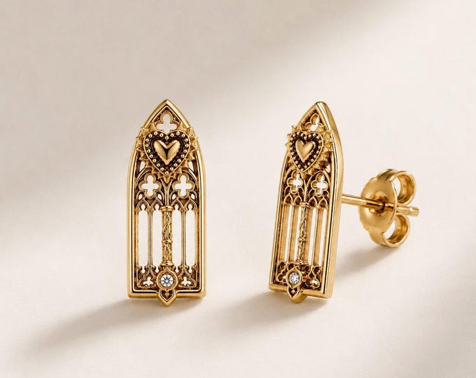 Gothic Cathedral Window Heart Earrings, Antique Inspired Filigree Studs, Dark Romance Bridal Jewelry