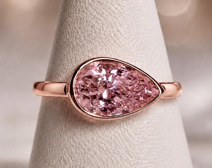 2CT Pear Cut Pink Lab Diamond Bezel Engagement Ring, 14K Gold Certified