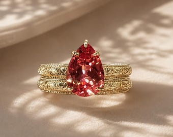 Pear Lab Grown Padparadscha Sapphire Ring: 10K Yellow Gold Plated French Toile Band