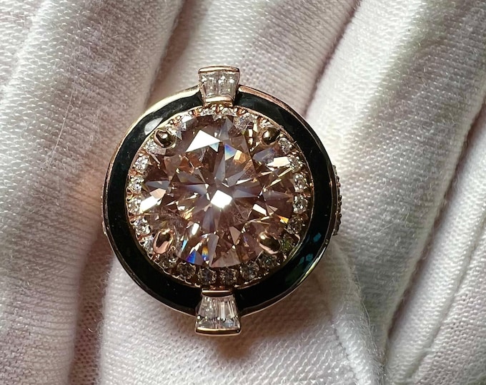 4CT Pink Lab Diamond Ring, Art Deco Black Onyx Halo Ring, Split Shank, 14K Gold