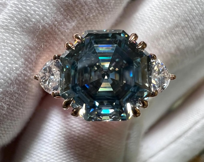 Certified 3CT Hexagonal Fancy Intense Green Blue 14K Rose Gold Engagement Ring