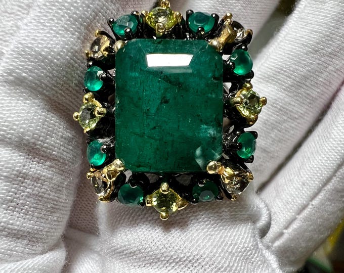 Emerald Cut Green Emerald & Peridot Halo Ring - Sterling Silver Size 7
