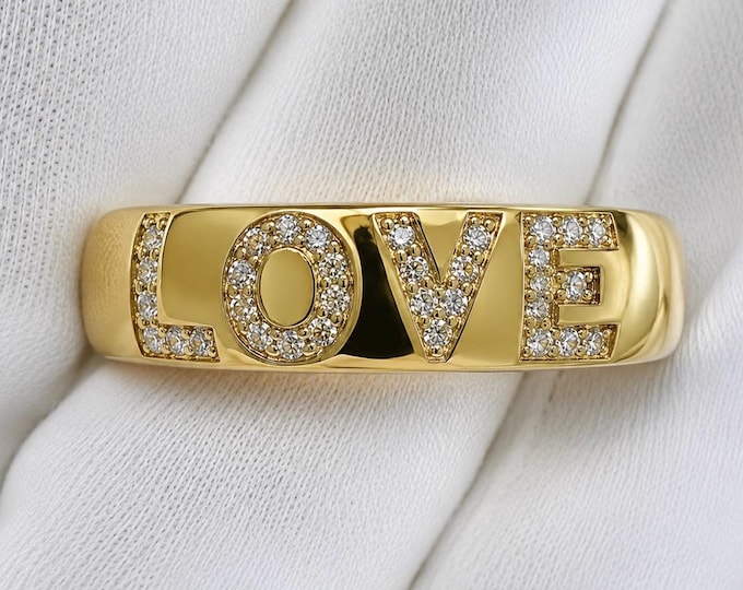 Personalized Diamond Name Ring, 9K 10K Gold Custom Word Band, Natural Diamond Lettering