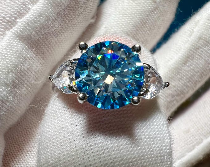 4CT Lab Grown Diamond Three Stone Ring: Fancy Intense Blue