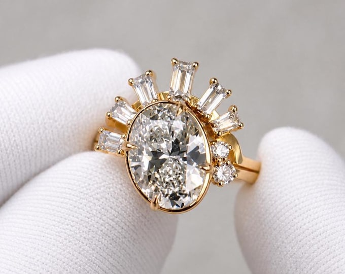 Oval Lab Grown Diamond Bridal Set, G VS1 Engagement Ring, Baguette Wedding Band Set