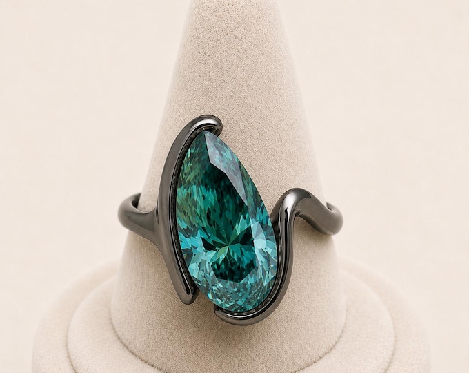 5 Carat Fancy Vivid Green Pear Lab Diamond Ring, Sculptural Bypass Engagement Ring