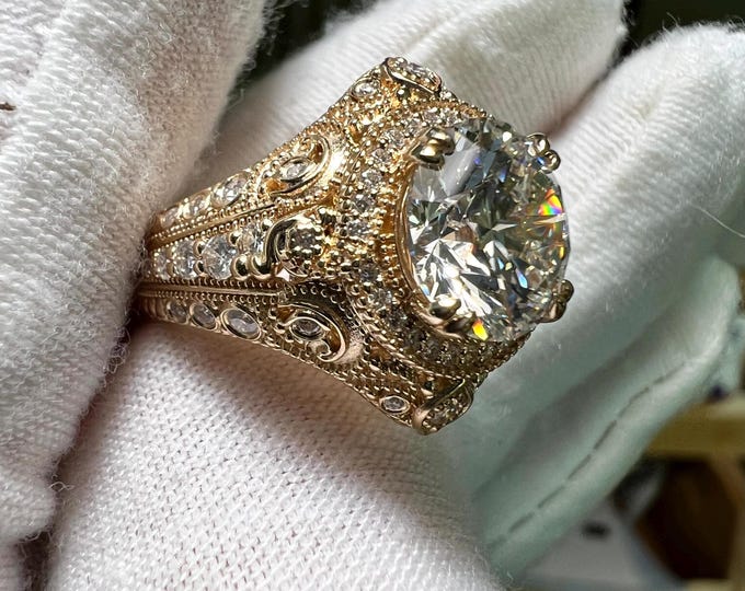 Edwardian Style 3CT Round Cut Gold Engagement Ring
