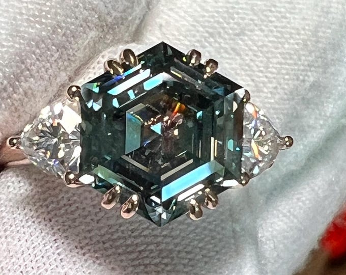 3CT Hexagon Blue Green Lab Diamond Ring | Certified Fancy Hexagonal Engagement 14K Rose Gold