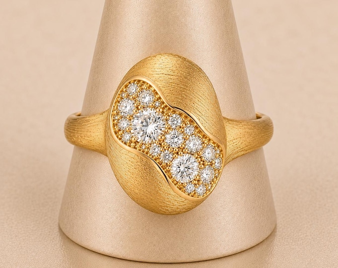 Diamond Drift Ring, Organic Poured Gold Diamond Ring, Sculptural Wabi Sabi Diamond Statement Ring, 10K 14K Gold or Platinum